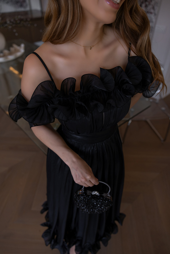 Volanlı Krinkıl Midi Abiye - SİYAH