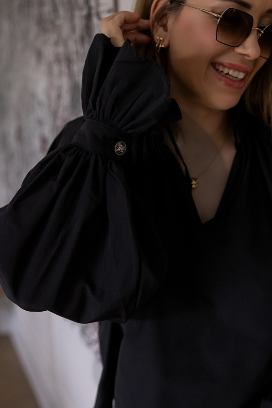 Yaka İp Biyeli Bluz - SİYAH