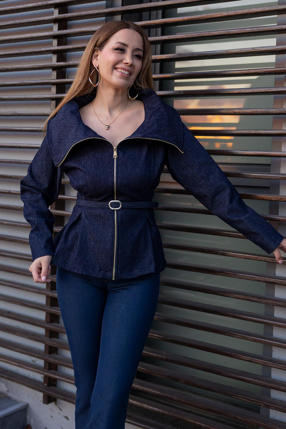 Yakalı Denim Ceket - LACİVERT