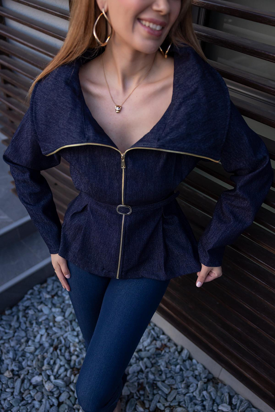 Yakalı Denim Ceket - LACİVERT