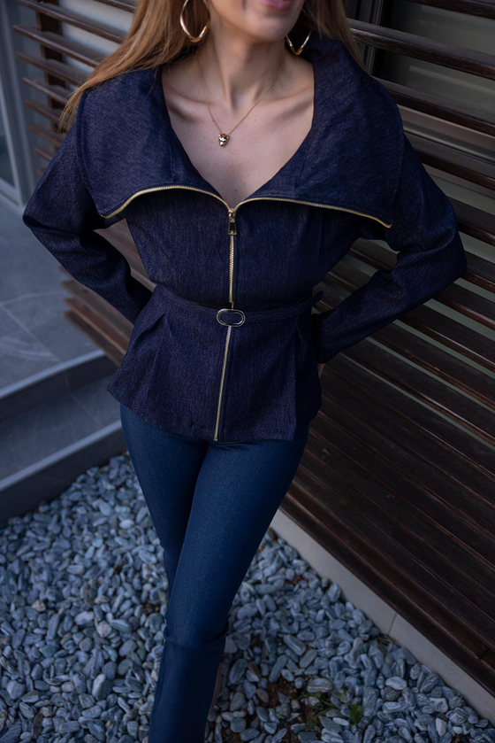Yakalı Denim Ceket - LACİVERT