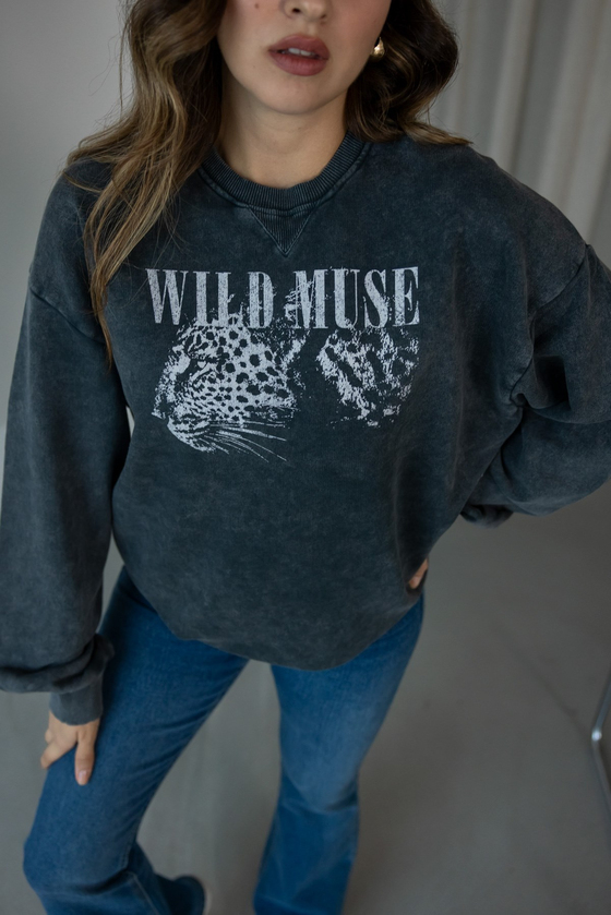 Yıkamalı Leopar Baskılı Oversize Sweat - ANTRASİT