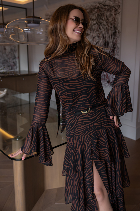 Zebra Desen Katlı Şifon Elbise - KAHVERENGİ