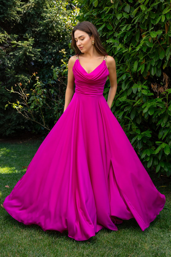 Zincir Askılı Şifon Abiye - FUŞYA