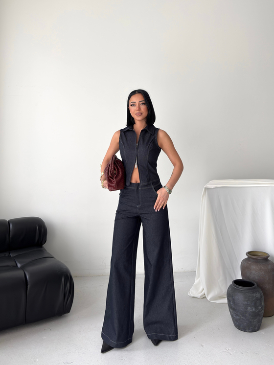 Fermuarlı Yelekli Bol Paça Lacivert  Denim Takım