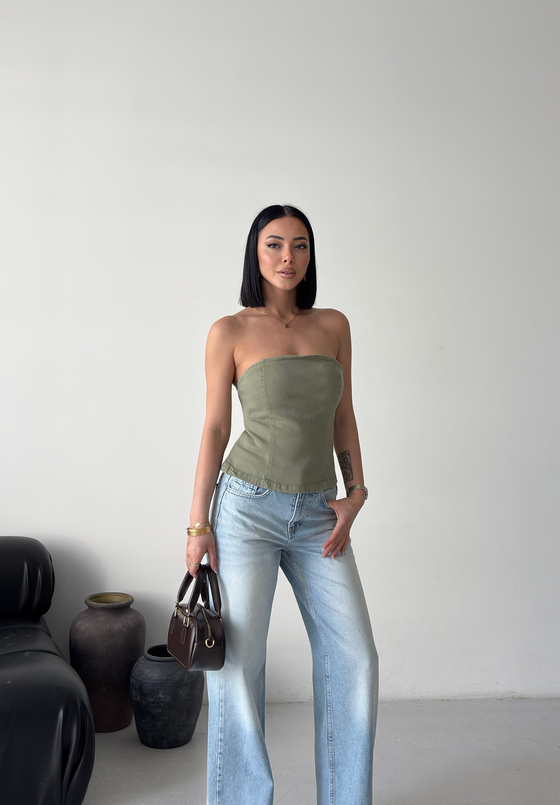 Haki Straplez Peplum Crop