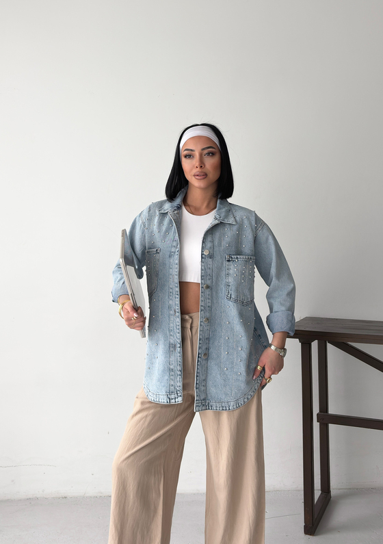 Kar Yıkama Taş Detaylı Oversize Kot Ceket