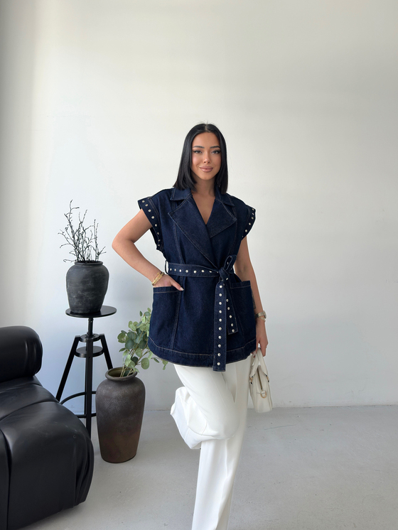 Lacivert Zımba Detaylı Denim Yelek