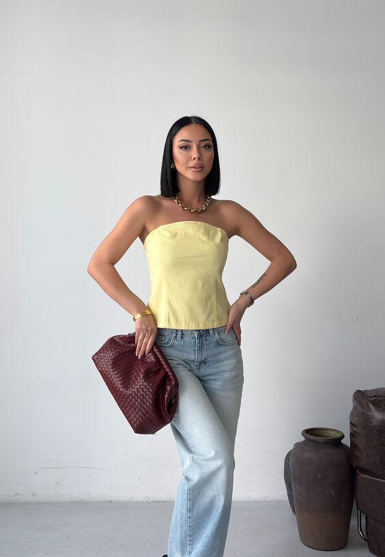 Sarı Straplez Peplum Crop