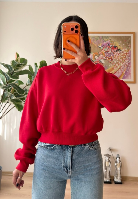 3 İplik Bisiklet Yaka Crop Sweatshirt Kırmızı
