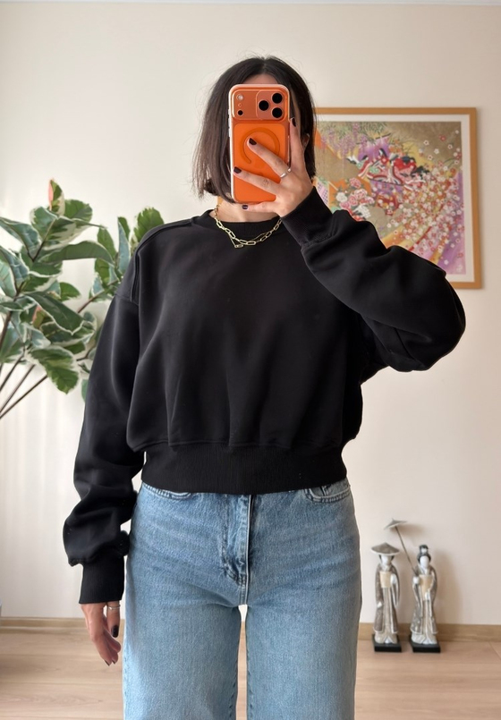 3 İplik Bisiklet Yaka Crop Sweatshirt Siyah