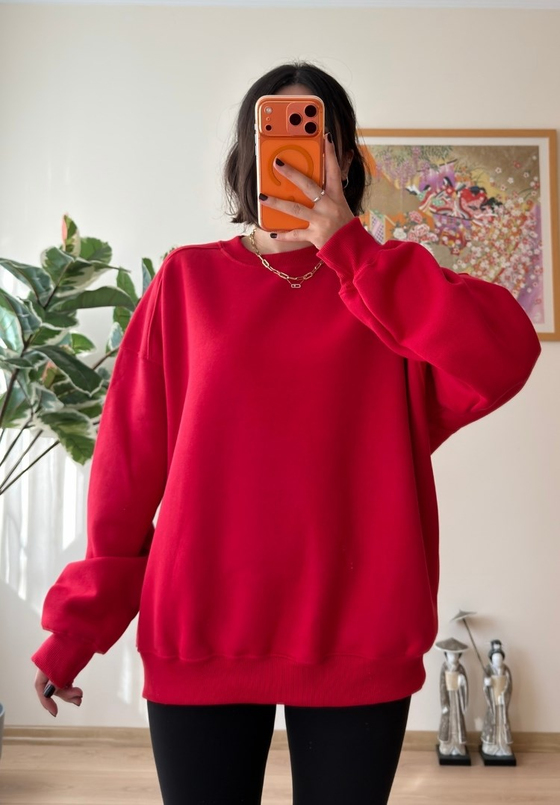 3 İplik Bisiklet Yaka Oversize Sweatshirt Kırmızı
