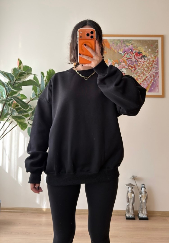 3 İplik Bisiklet Yaka Oversize Sweatshirt Siyah