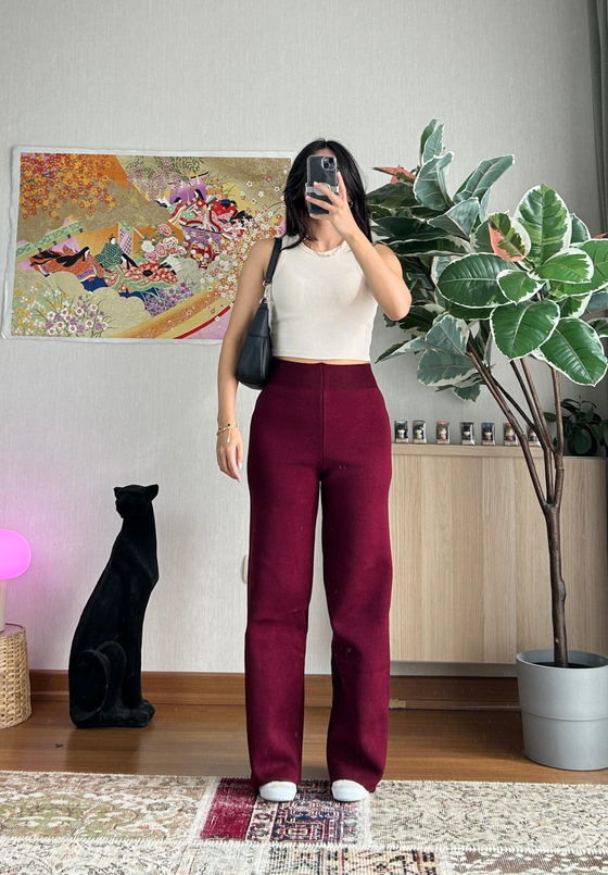 Akie Triko Yüksek Bel Pantolon Bordo
