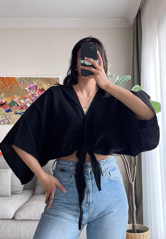 Asahi Bağlamalı Kısa Kimono Siyah