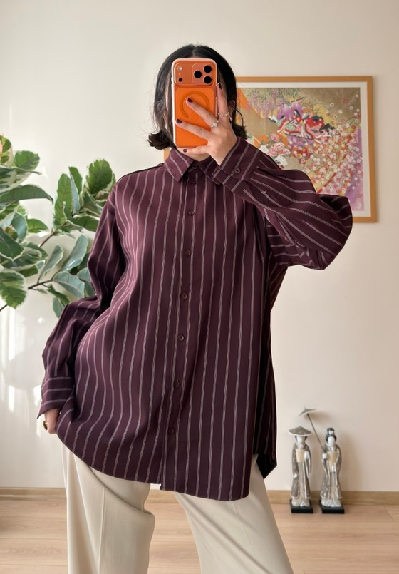 Asami Çizgili Oversize Gömlek Bordo