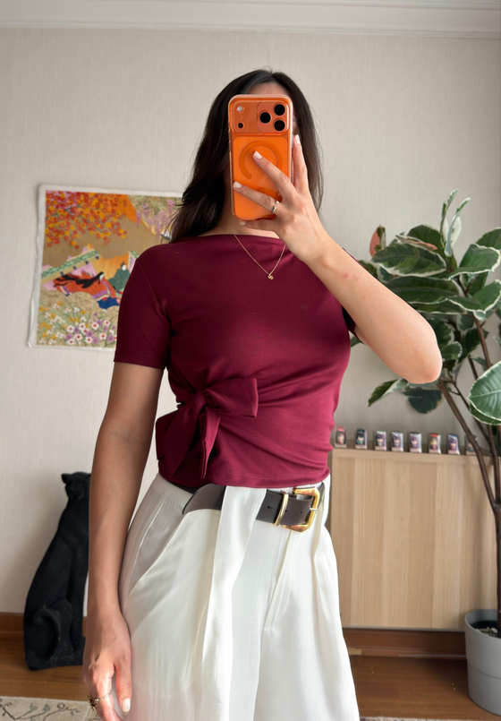 Asira Yan Bağlamalı T-Shirt Bordo