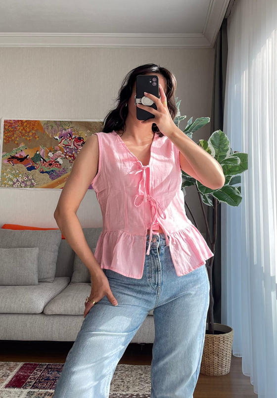 Baika Önü Bağlamalı Kolsuz Bluz Pembe