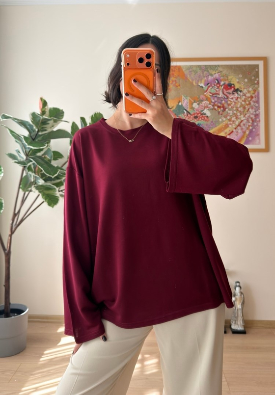 Bisiklet Yaka Bol Kesim Bluz Bordo