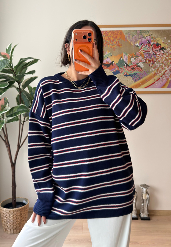 Bisiklet Yaka Çizgili Oversize Triko Kazak Lacivert