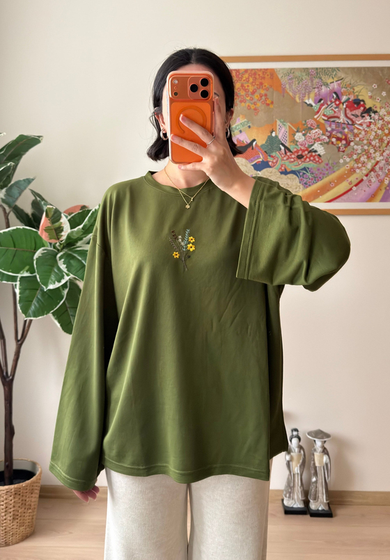 Çiçek Nakışlı İspanyol Kol Bluz Haki