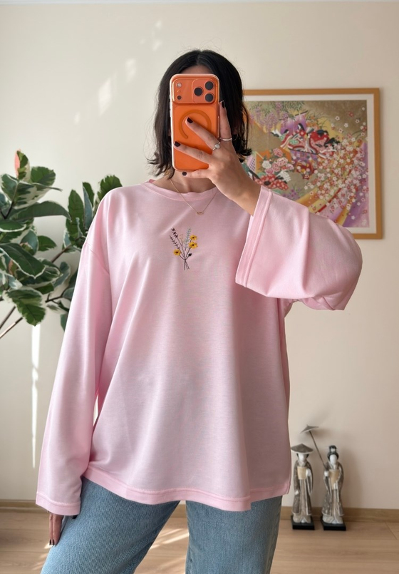 Çiçek Nakışlı İspanyol Kol Bluz Pembe