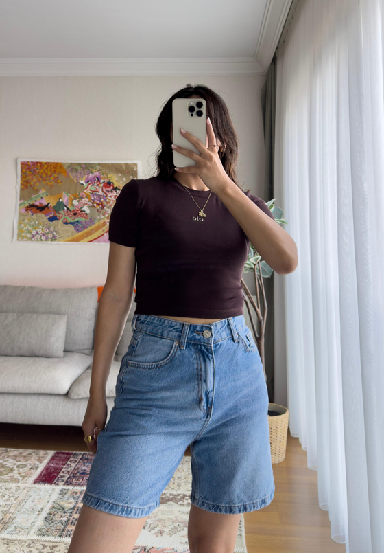 Kaiya Crop Basic T-Shirt Kahve