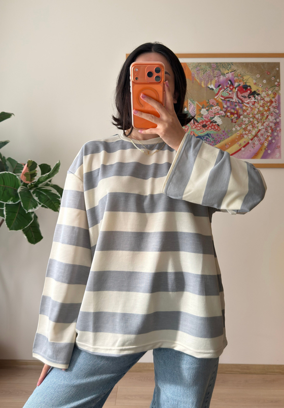 Kalın Çizgili Oversize Sweatshirt Gri