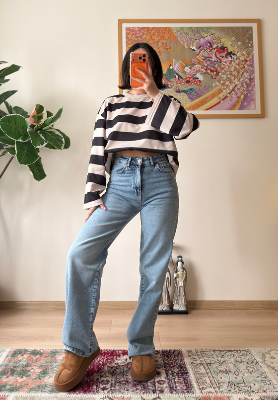 Kalın Çizgili Oversize Sweatshirt Siyah