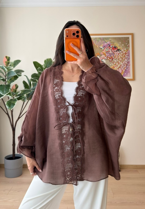 Kinu Dantel Detaylı Bağlamalı Kimono Kahve