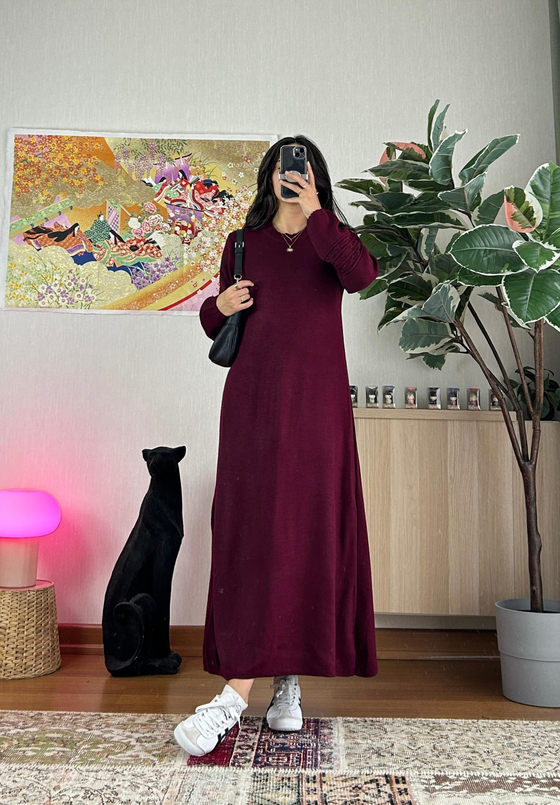 Megumi Triko Elbise Bordo