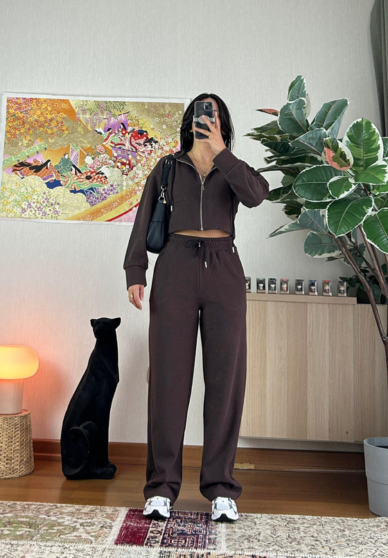Mio Crop Yüksek Bel Takım Kahve