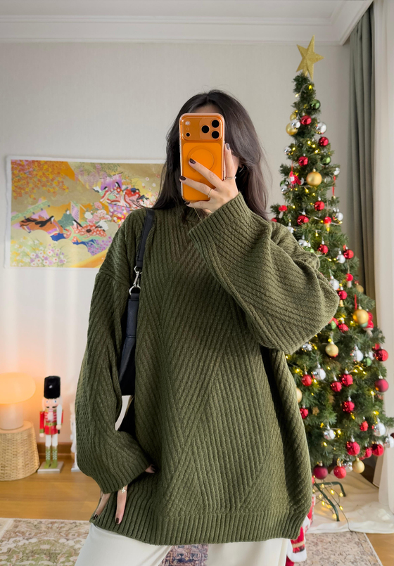 Riane Çizgi Detalı Oversize Kazak Haki