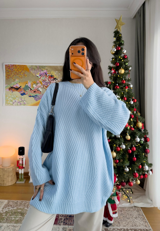 Riane Çizgi Detalı Oversize Kazak Mavi