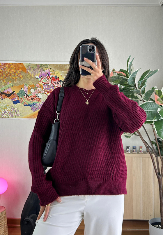 Riya Çizgili Oversize Kazak Bordo