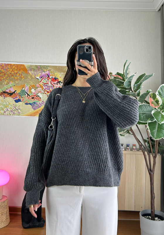 Riya Çizgili Oversize Kazak Füme