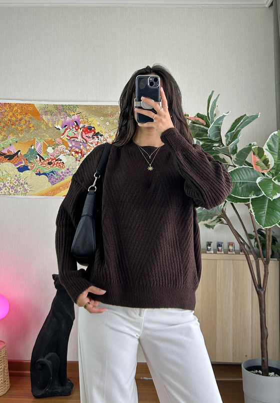 Riya Çizgili Oversize Kazak Kahve