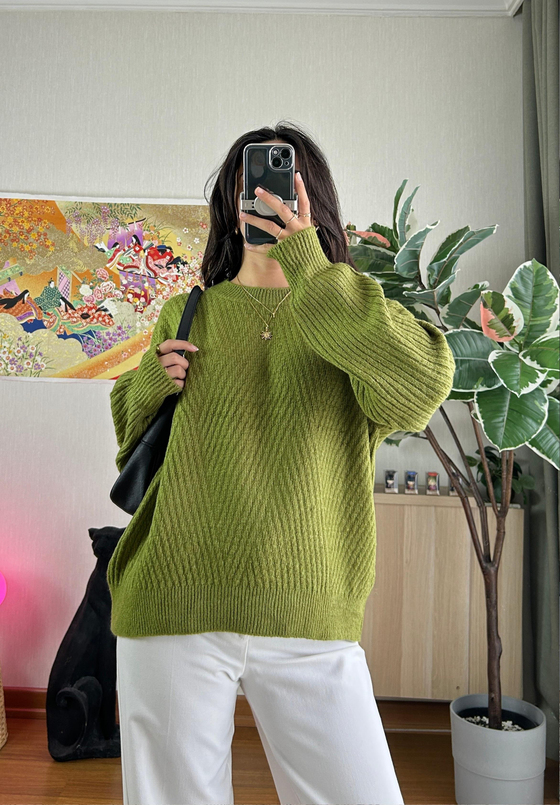 Riya Çizgili Oversize Kazak Yeşil