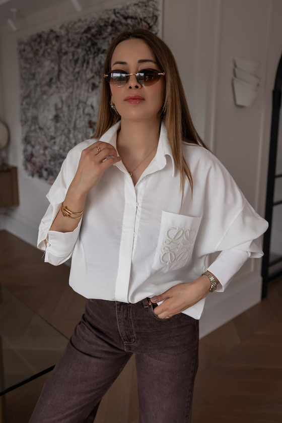 Cep Nakışlı Oversize Gömlek - EKRU