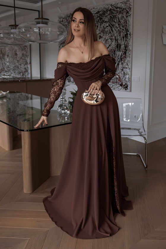Dantel Kollu Tasarım Abiye - KAHVERENGİ