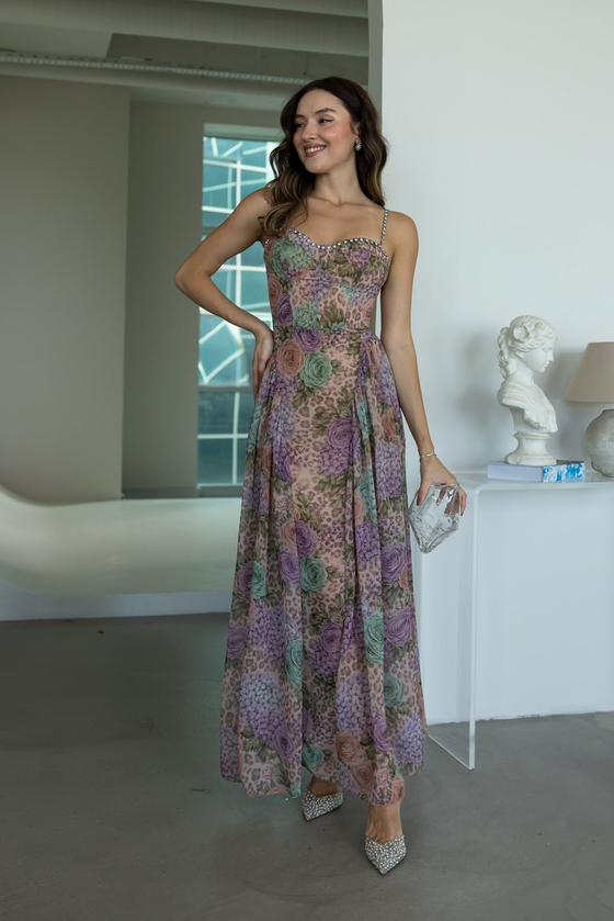 Desenli Maxi Elbise - LİLA