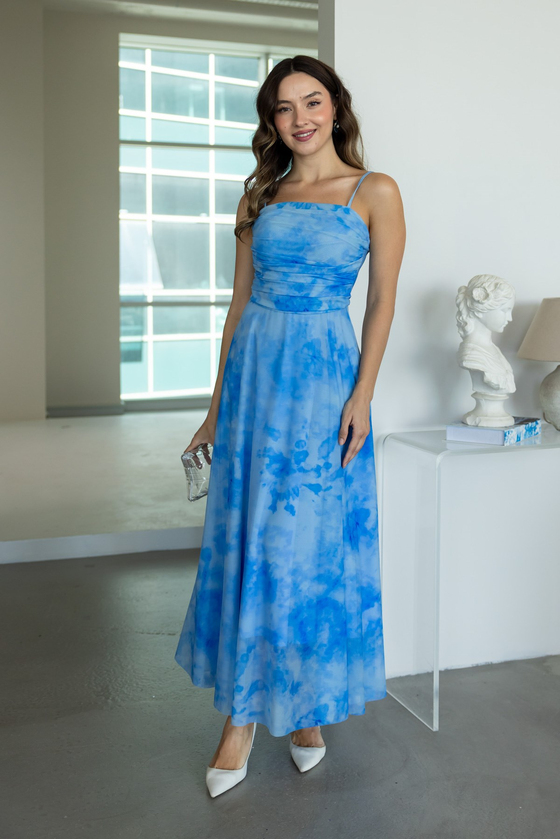 Drape Detaylı Şifon Elbise - MAVİ