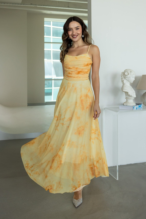 Drape Detaylı Şifon Elbise - SARI