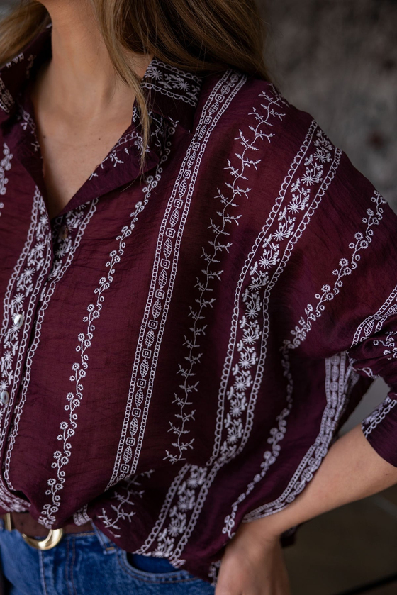 Etnik Desenli Oversize Gömlek - BORDO