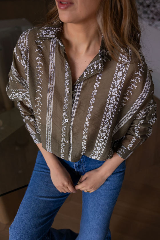 Etnik Desenli Oversize Gömlek - HAKİ
