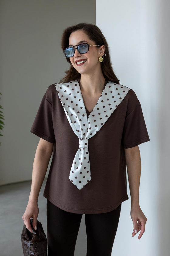 Fular Detaylı T-shirt - KAHVERENGİ