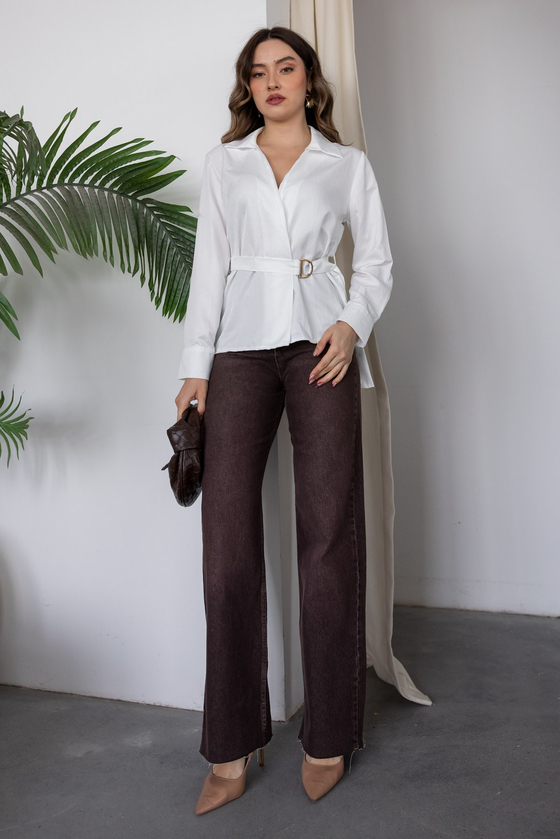 Geniş Paçalı Denim Pantolon - KAHVERENGİ