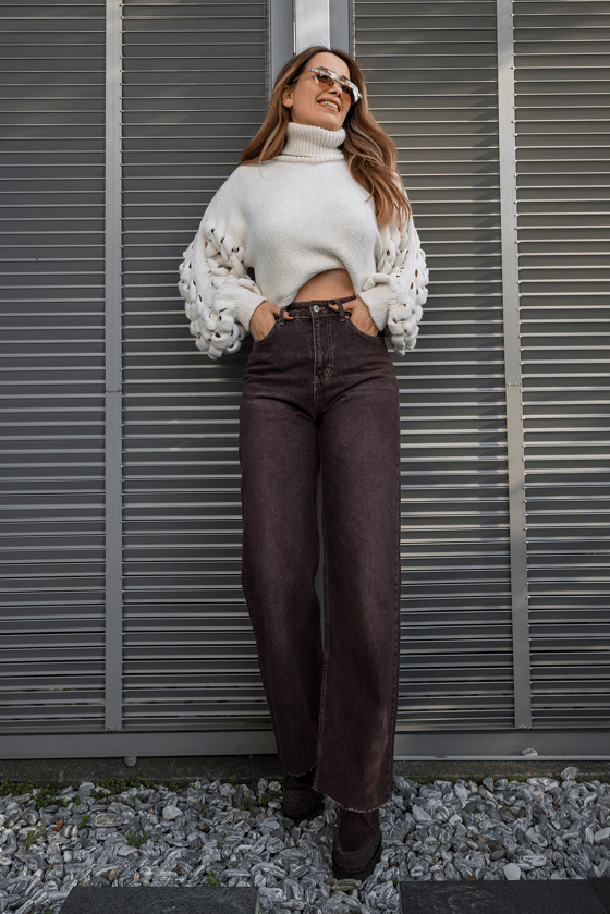 Geniş Paçalı Denim Pantolon - KAHVERENGİ