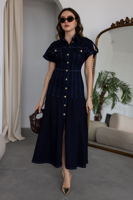 Gömlek Yaka Denim Elbise - LACİVERT