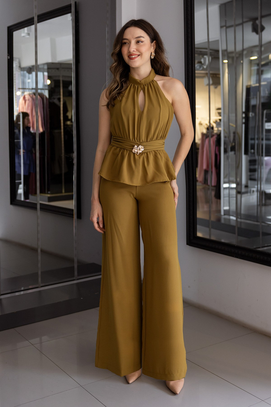Halter Yaka Broş Detaylı Tulum - HARDAL